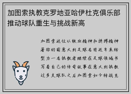 加图索执教克罗地亚哈伊杜克俱乐部推动球队重生与挑战新高
